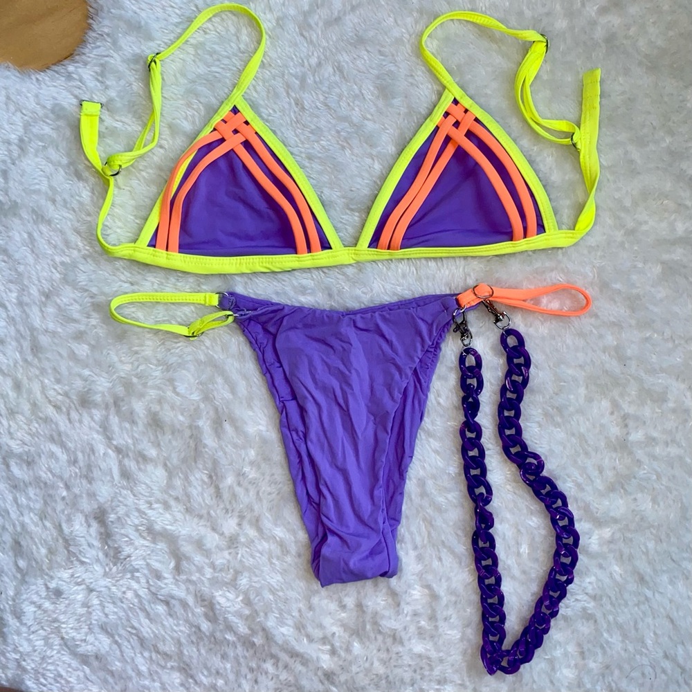 OneOne Swimwear Hailey Top Tuscany Alli Bottom Small XS Purple Neon Yellow